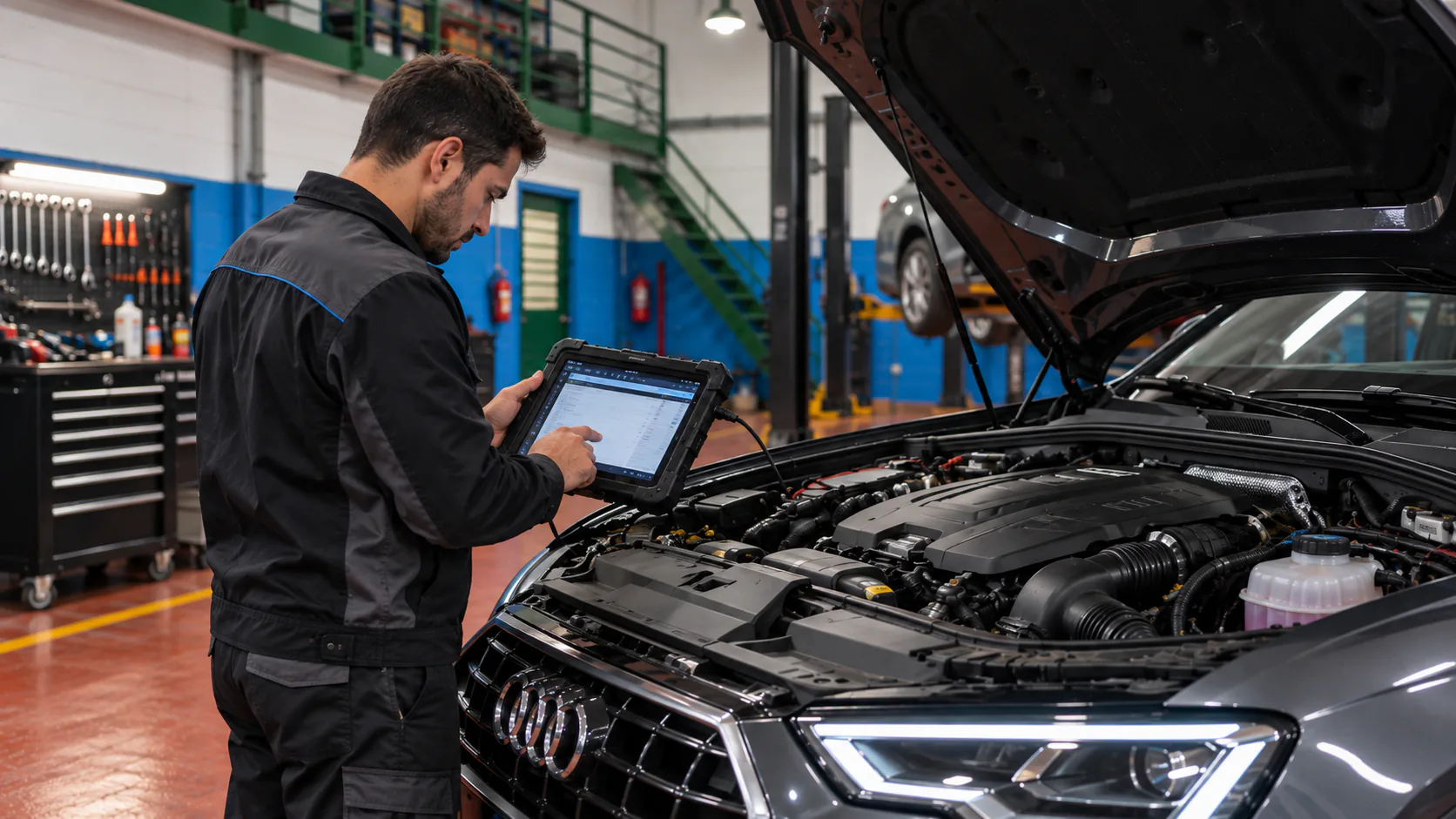 Mecânico usando scanner para diagnóstico do motor na Tech Car